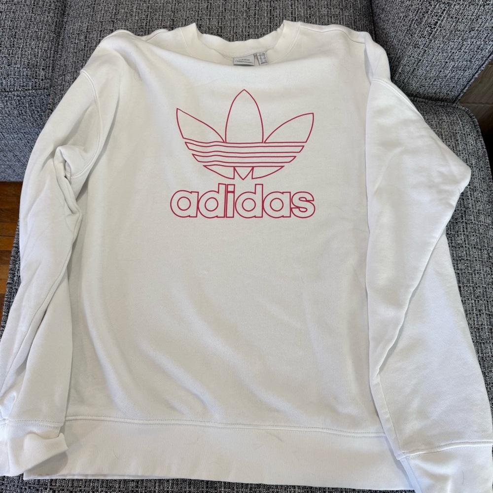 Adidas Women's White and Pink Crew Neck Sweatshirt